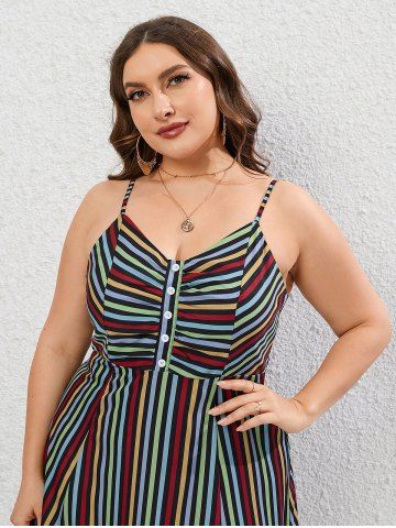 Plus Size Flounce Buttons Backless Striped A Line Cami Sundress