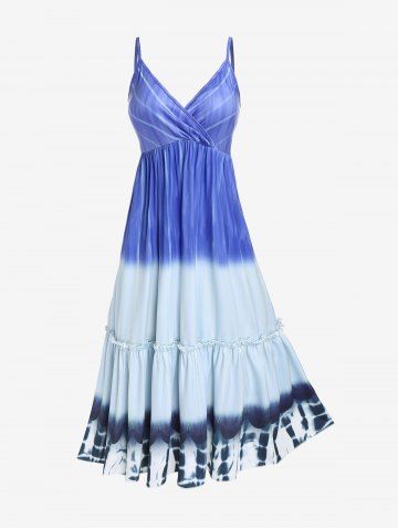 Plus Size Ombre Dip Dye Ruffles Backless Surplice Midi Dress - BLUE - 3X | US 22-24