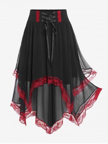 Plus Size Lace-up Layered Handkerchief Midi Skirt with Lace Trim - BLACK - M | US 10
