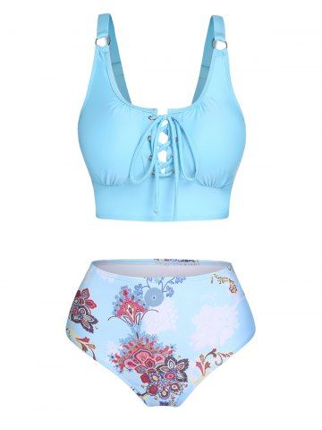 Lace Up Flower Print Padded Strap Tankini Swimwear - LIGHT BLUE - M