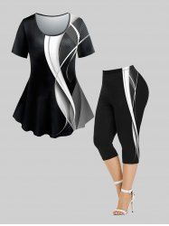 3D Stripes Printed Colorblock Tee and Leggings Plus Size Matching Set -  