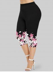 Plus Size Flower Printed Capri Leggings -  