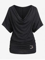 Plus Size Batwing Sleeves Cowl Neck Ruched Ribbed Tee -  