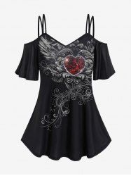 T-shirt Gothique Rétro Cœur Imprimé à Epaule Dénudée - Noir 1X | US 14-16