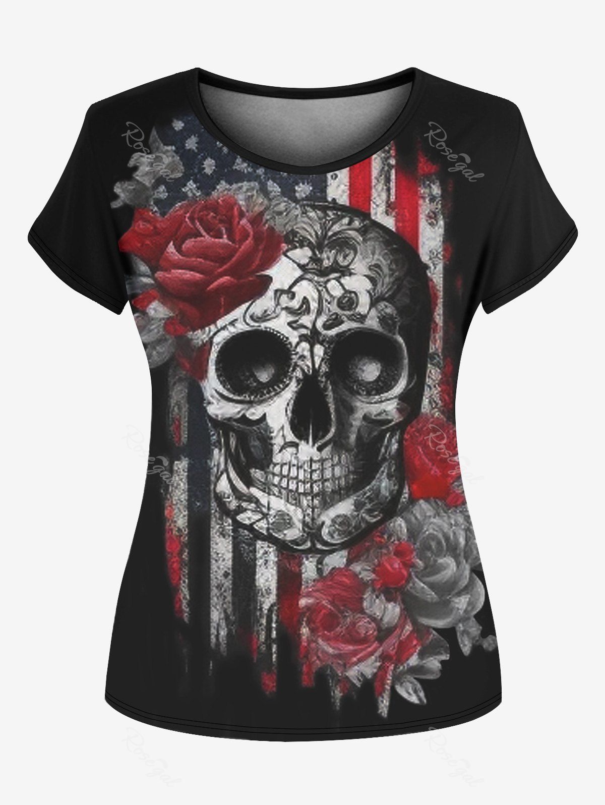 Trendy Gothic Rose Skull Print Distressed American Flag T-shirt  