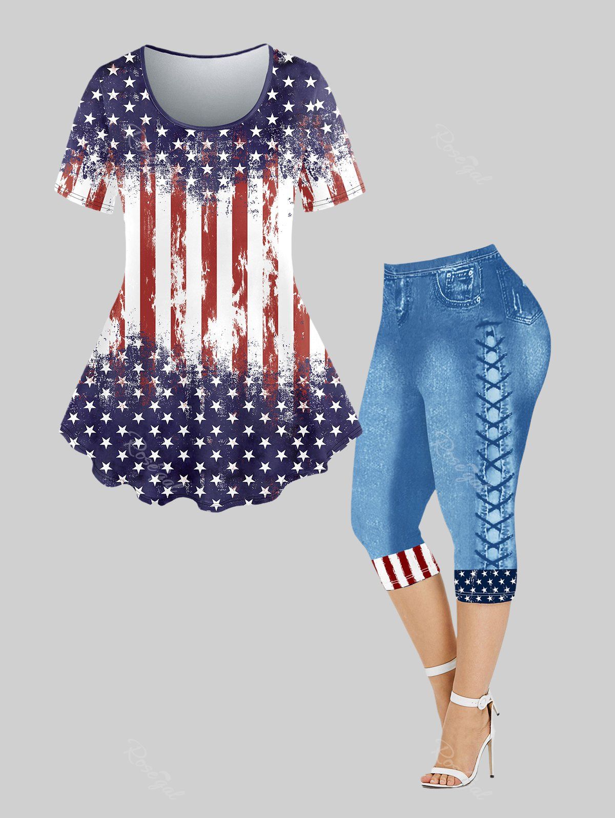 Fancy Plus Size Stars Stripes Printed Patriotic Tee and 3D Jeans Lace-up American Flag Printed Leggings Outfit  