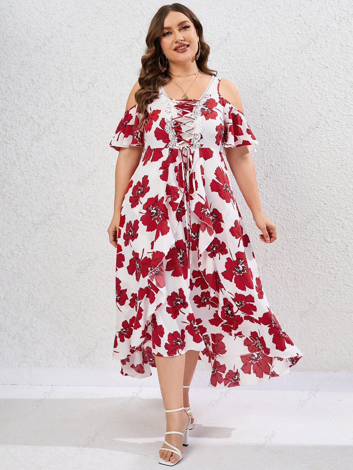 Sale Plus Size Guipure Lace Panel Lace-up Floral Ruffle Cold Shoulder Maxi Dress  