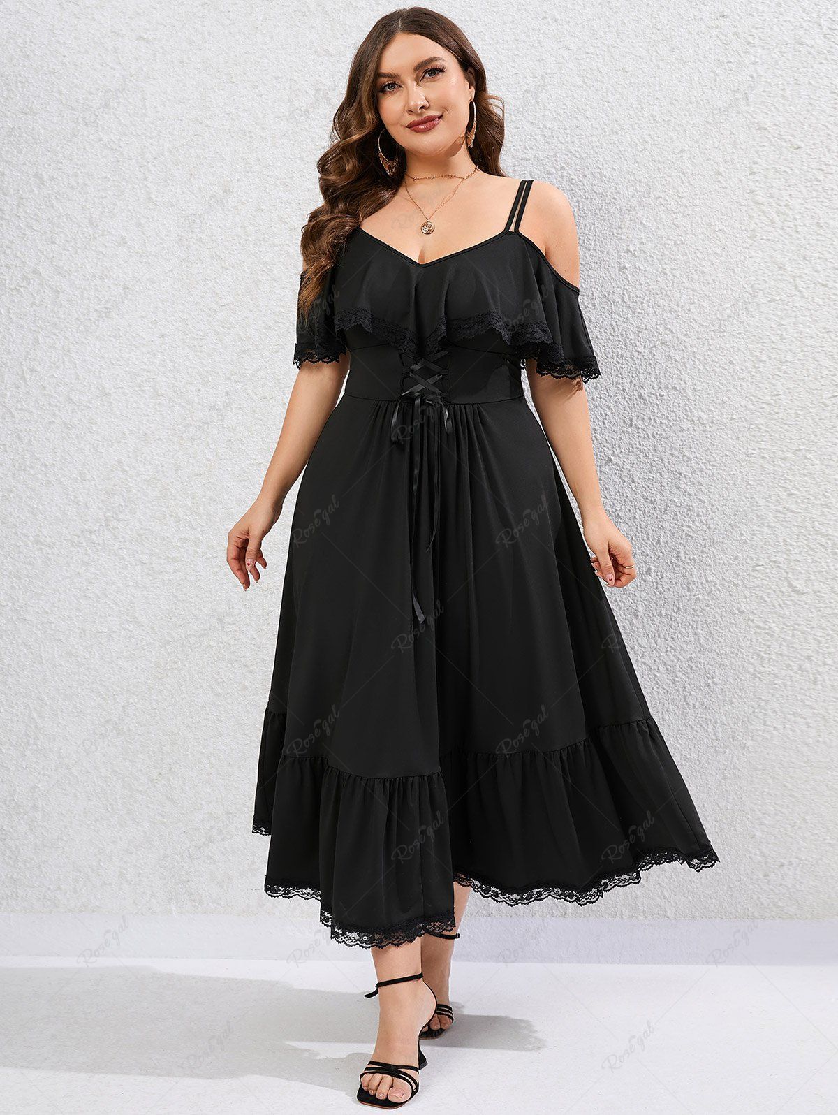 Latest Plus Size Lace Trim Lace-up Maxi Cold Shoulder Flounce Dress  