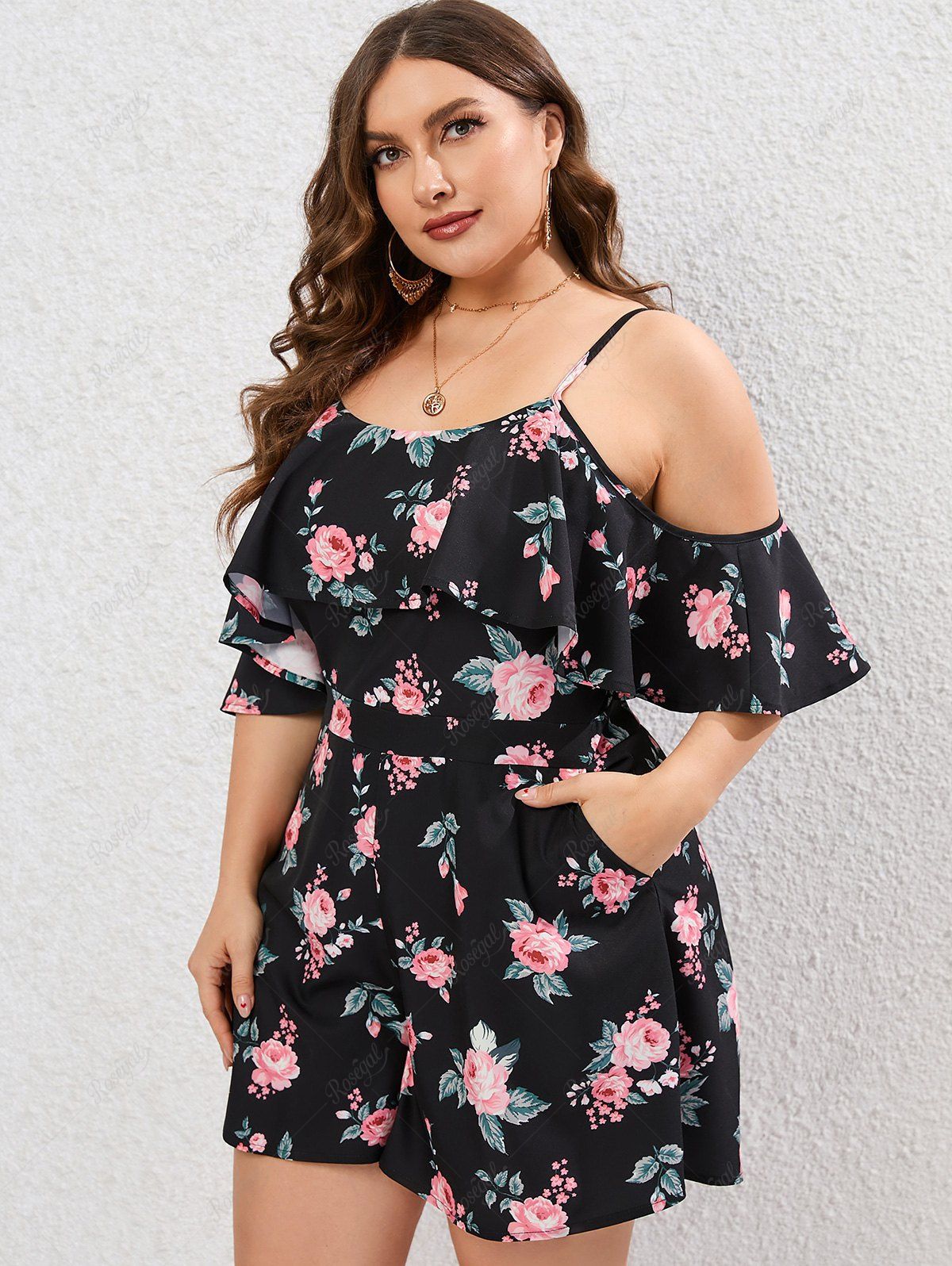 New Plus Size Cold Shoulder Flounce Floral Romper with Pockets  