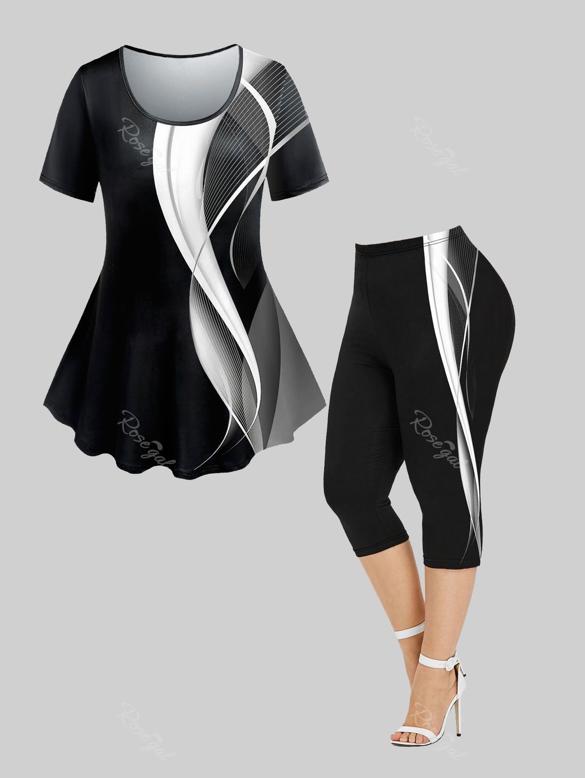 Trendy 3D Stripes Printed Colorblock Tee and Leggings Plus Size Matching Set  