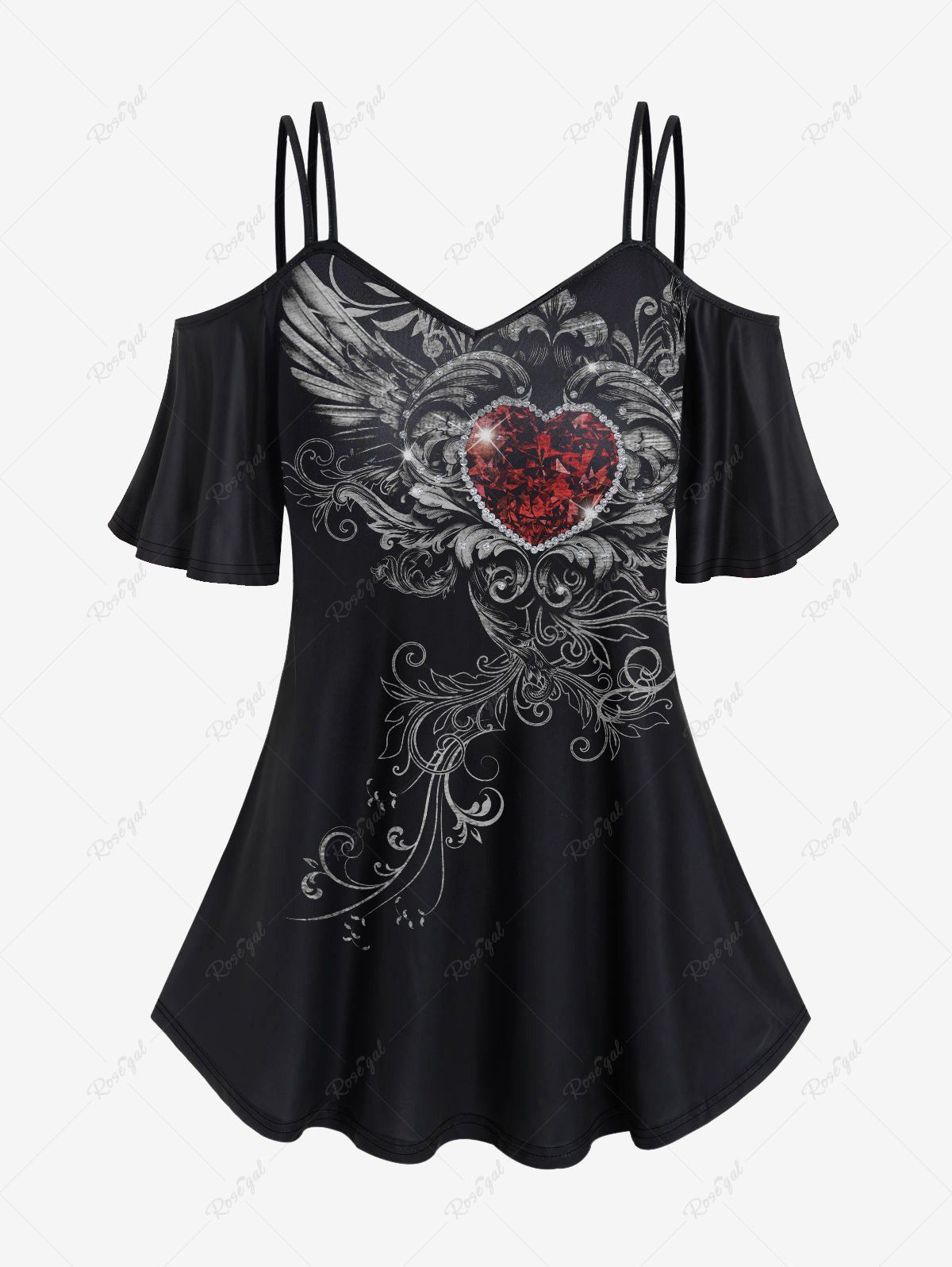 T-shirt Gothique Rétro Cœur Imprimé à Epaule Dénudée Noir 1X | US 14-16