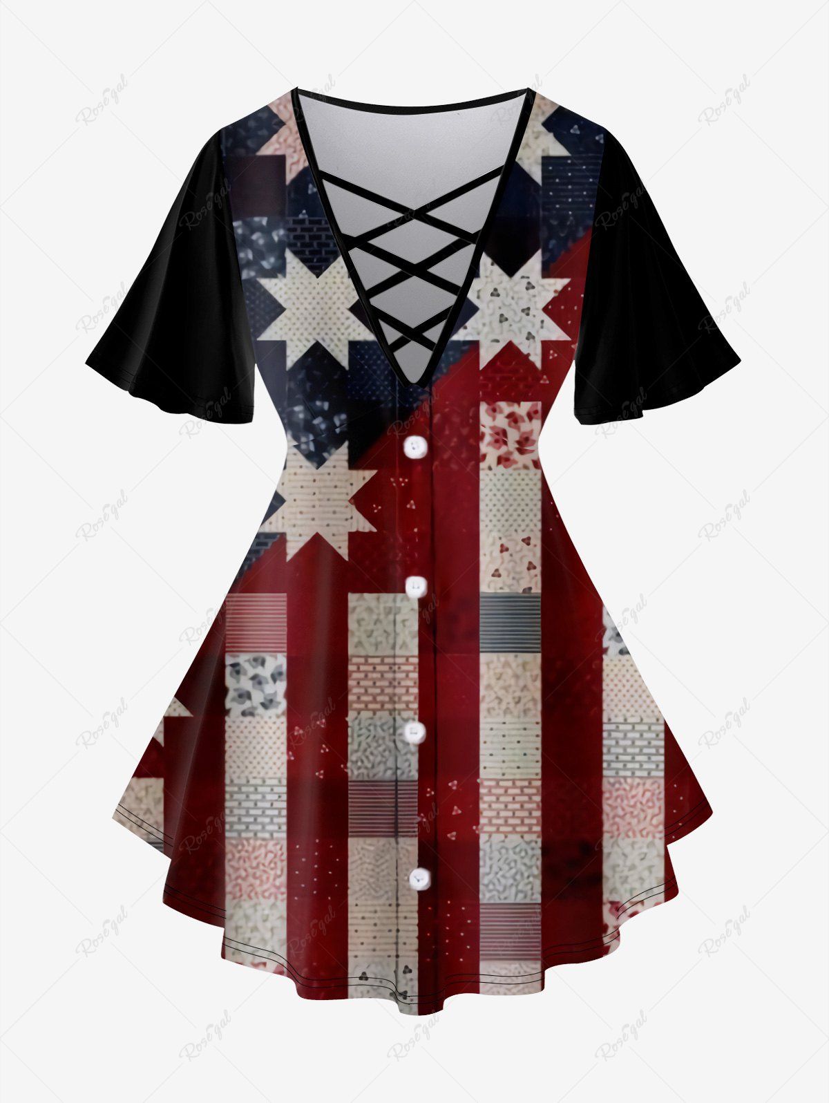 Trendy Plus Size American Flag 3D Button Print Crisscross V Neck T-shirt  