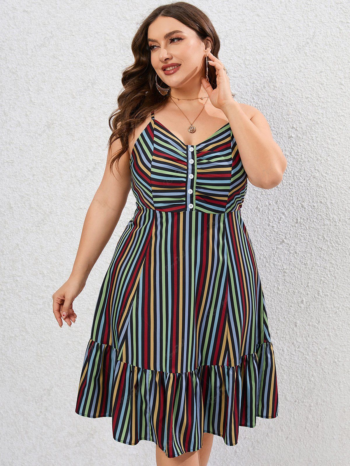 New Plus Size Flounce Buttons Backless Striped A Line Cami Sundress  