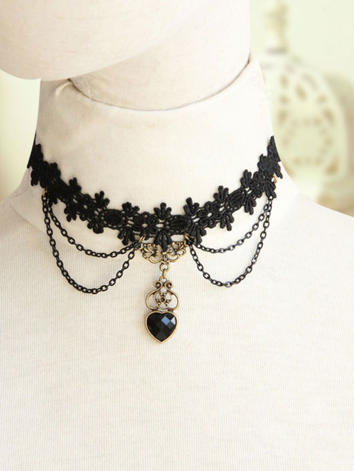 Unique Vintage Lace Heart Decor Layered Choker Necklace  