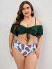 Plus Size Ruffle Pineapple Print Cinched Ruched Full Coverage Bikini Swimsuit -  