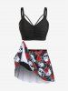 Maillot de Bain Tankini Rembourré Gothique Rose Crâne Imprimée de Grande Taille - Noir 3X | US 22-24