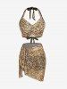 Plus Size Leopard Halter Wrap Boyleg Bikini Set and Sarong Three Piece Swimsuit -  