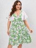 Plus Size Sheer Flutter Sleeves Floral A Line Dress -  