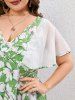 Plus Size Sheer Flutter Sleeves Floral A Line Dress -  