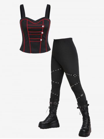 Gothic Contrast Piping Buttoned Tank Top And Gothic Rivets PU Leather Straps Skinny Pants Gothic Outfit - BLACK