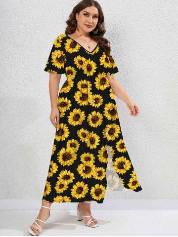 Plus Size Sunflower Printed Split Flutter Sleeves A Line Dress - YELLOW - 1X | US 14-16
