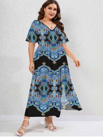 Plus Size Ethnic Printed Slit Flutter Sleeves A Line Dress - BLUE - 2X | US 18-20