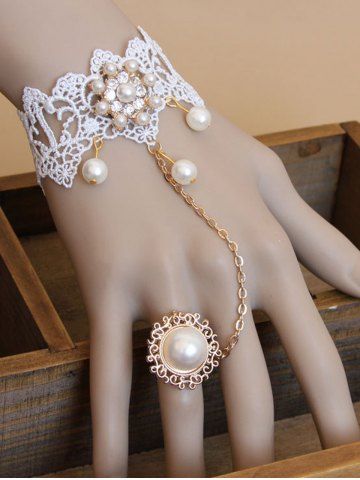 Vintage Lace Faux Pearl Rhinestone Decor Mittens Bracelet - WHITE