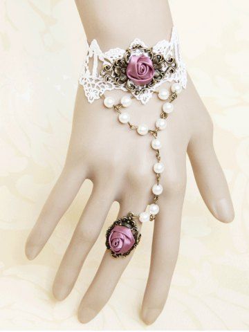Vintage Rose Faux Pearl Decor Lace Mittens Bracelet - WHITE