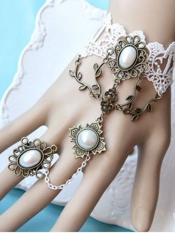 Vintage Lace Band Faux Pearl Decor Mittens Bracelet - WHITE