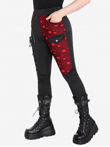 Gothic Colorblock Mesh Overlay Lace-up Zippered Skinny Pants - RED - 4X | US 26-28