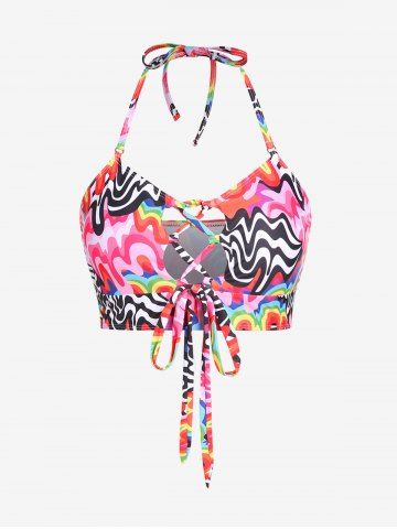 Plus Size Swirl Printed Lace-up Padded Halter Bikini Top Swimsuit