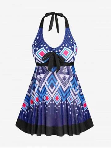 Plus Size Geo Backless Bowknot Halter Padded Tankini Top Swimsuit