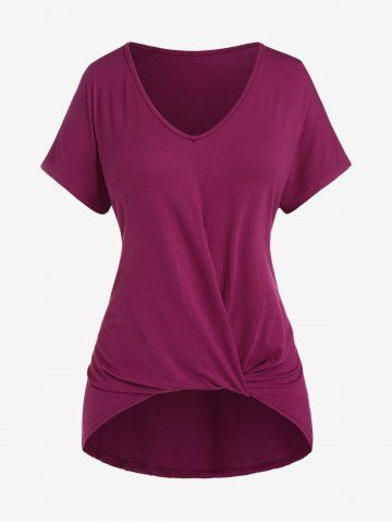 Plus Size High Low Twist Short Sleeves Solid Tee - RED - XL
