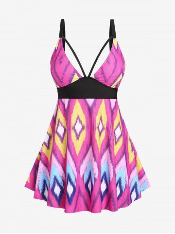 Plus Size Geo Padded Backless Strappy Tankini Top - LIGHT PINK - L