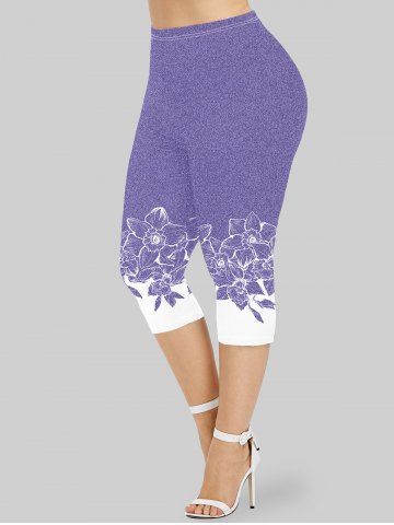 Plus Size Flower Print Capri Leggings - PURPLE - S | US 8