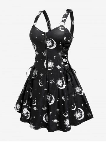 Plus Size Half Zipper Backless Moon Sun Printed Lace Up A Line Dress - BLACK - 1X | US 14-16