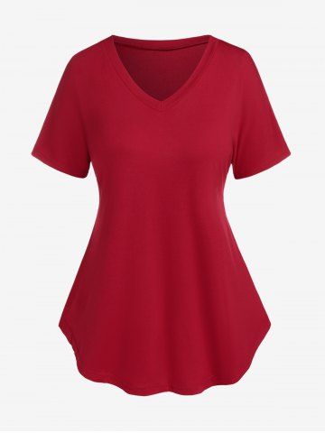 Camiseta de Color Sólido de Manga Corta con Cuello en V - DEEP RED - L