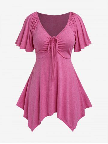 Plus Size Cinched Ruched Handkerchief Hem Butterfly Sleeve Top - LIGHT PINK - M | US 10