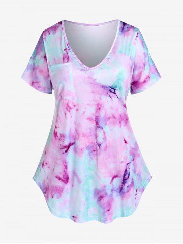 Plus Size Tie Dye Short Sleeves T-shirt with Pocket - PURPLE - XL