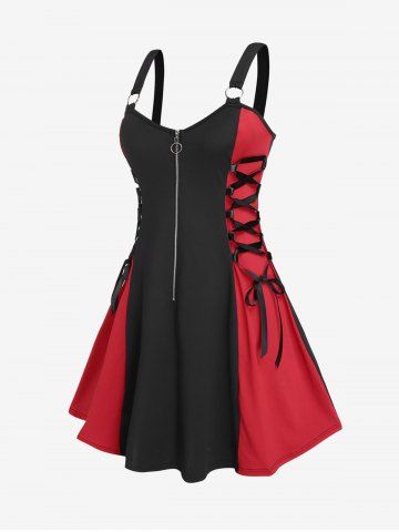 Gothic Colorblock Zip Front Lace-up Rings Tank Dress - BLACK - L | US 12