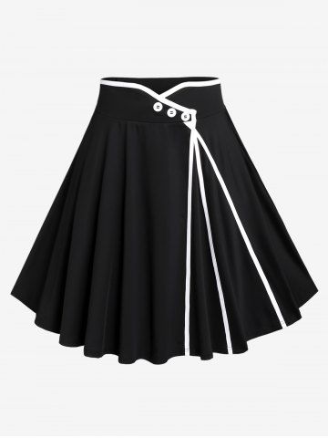 Plus Size Binding Trim Buttons Pull On A Line Skirt - BLACK - L | US 12