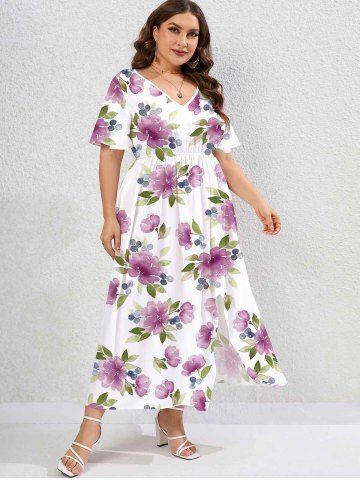 Maxi Vestido con Faldas de Talla Extra con Estampado Floral de Abertura - LIGHT PURPLE - L | US 12
