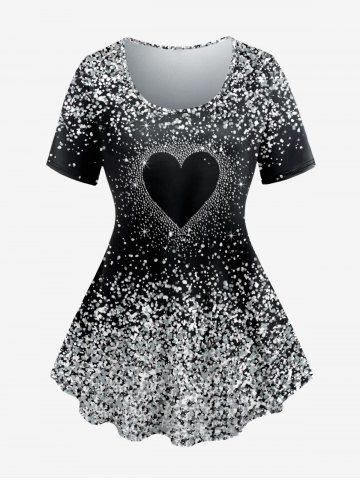 Plus Size Valentine's Day Glitter Heart Printed Short Sleeves Tee - BLACK - S | US 8