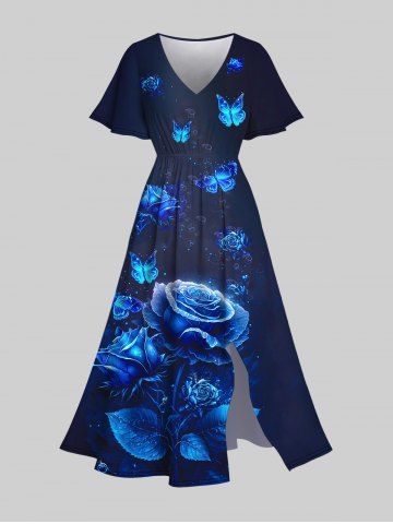 Plus Size 3D Flower Butterfly Printed High Waisted Slit A Line Dress
