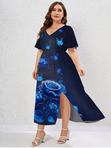 Plus Size 3D Flower Butterfly Printed High Waisted Slit A Line Dress