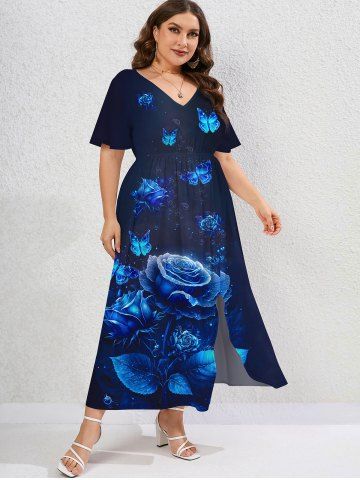 Plus Size 3D Flower Butterfly Printed High Waisted Slit A Line Dress - DEEP BLUE - 4X | US 26-28