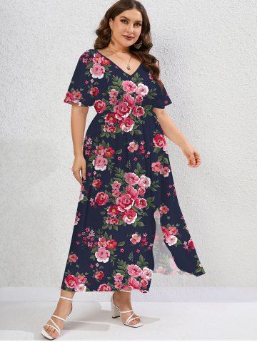 Plus Size Bloom Floral Split Hem Maxi Dress