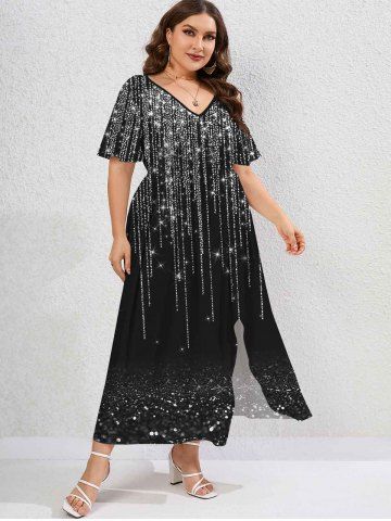 Plus Size 3D Sparkles Light Beam Printed Split Flutter Sleeves A Line Dress - BLACK - XS | US 6