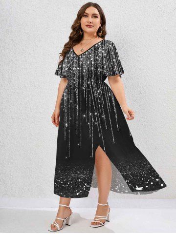 Plus Size 3D Sparkles Light Beam Printed Split Flutter Sleeves A Line Dress