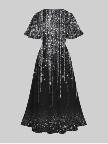 Plus Size 3D Sparkles Light Beam Printed Split Flutter Sleeves A Line Dress